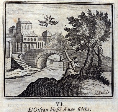 The Bird Wounded by an Arrow. Fables by Jean de La Fontaine. Illustration by François Chauveau. Edition of 1728 by Francois Chauveau