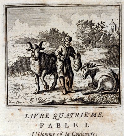 Man and Snake. Fables by Jean de La Fontaine (1621-95). Illustration by François Chauveau (1613-1676). Edition of 1728 by Francois Chauveau