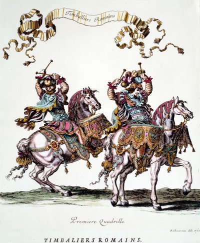 Roman timbaliers during the carousel given by King Louis XIV in 1662. Engraving by Francois Chauveau 17th century Private Collection by Francois Chauveau