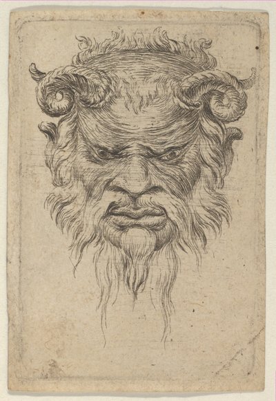 Satyr Mask with Curled Horns Looking Down, from Divers Masques by Francois Chauveau