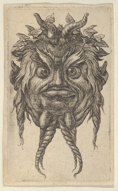 Satyr Mask with Horns and a Twisted Beard Wearing an Ivy Wreath, from Divers Masque by Francois Chauveau