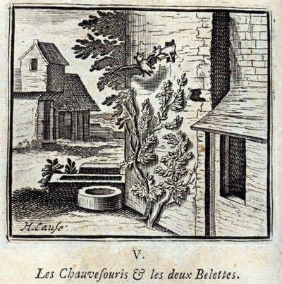 The Bat and the Two Weasels. Fables by Jean de La Fontaine. Illustration by François Chauveau. Edition of 1728 by Francois Chauveau