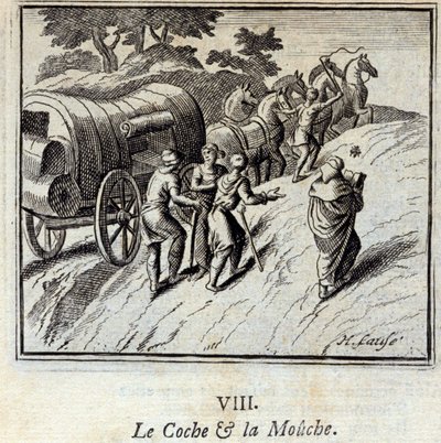 The Coach and the Fly. Fables by Jean de La Fontaine. Illustration by François Chauveau. Edition of 1728. by Francois Chauveau