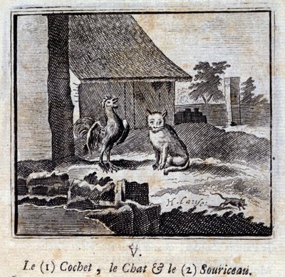 The Cochet the Cat and the Mouse. Fables by Jean de La Fontaine (1621-95). Illustration by François Chauveau (1613-1676). Edition of 1728 by Francois Chauveau
