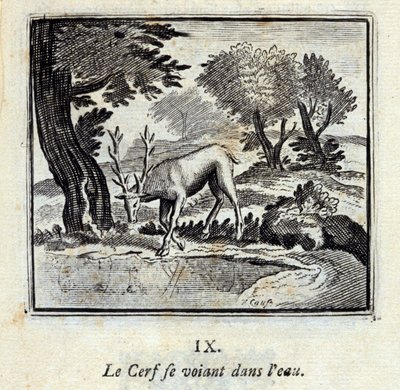 The Deer seeing himself in the water. Fables by Jean de La Fontaine. Illustration by François Chauveau by Francois Chauveau