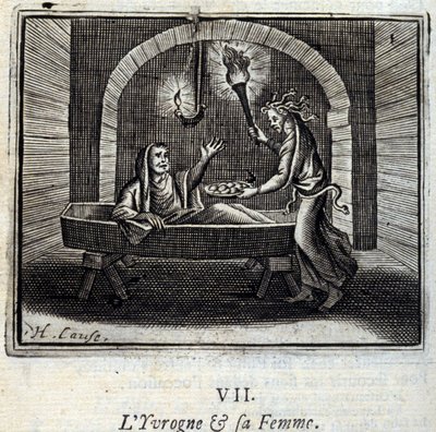 The Drunk and his wife. Fables by Jean de La Fontaine (1621-95). Illustration by François Chauveau (1613-1676). Edition of 1728 by Francois Chauveau