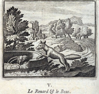 The Fox and the Goat. Fables by Jean de La Fontaine. Illustration by François Chauveau. Edition of 1728 by Francois Chauveau