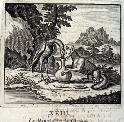 The Fox and the Stork. Fables by Jean de La Fontaine (1621-95). Illustration by François Chauveau (1613-1676). Edition of 1728 by Francois Chauveau