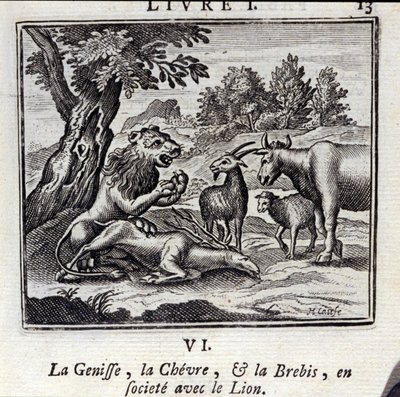 The Genisse the Gove and the Sheep in society with the Lion (Illustration by François Chauveau) by Francois Chauveau
