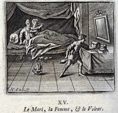 The Husband, the Wife, and the Thief. Fables by Jean de La Fontaine. Illustration by François Chauveau. Edition of 1728 by Francois Chauveau