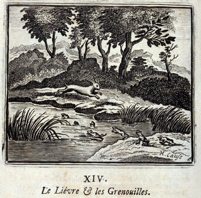 The Hare and the Frogs. Fables by Jean de La Fontaine (1621-95). Illustration by François Chauveau (1613-1676). Edition of 1728 by Francois Chauveau