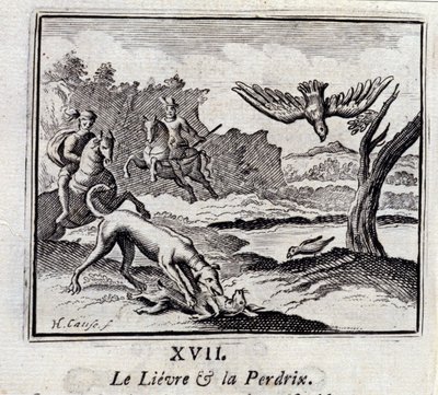 The Hare and the Partridge. Fables by Jean de La Fontaine (1621-95). Illustration by François Chauveau (1613-1676). Edition of 1728 by Francois Chauveau
