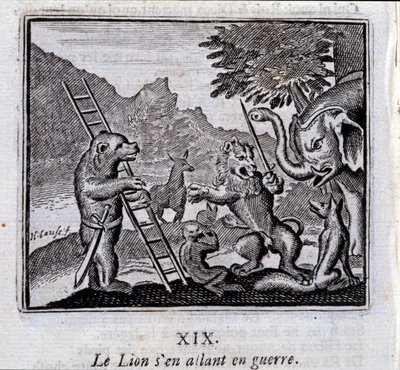 The Lion going to war. Fables by Jean de La Fontaine (1621-95). Illustration by François Chauveau (1613-1676). Edition of 1728 by Francois Chauveau