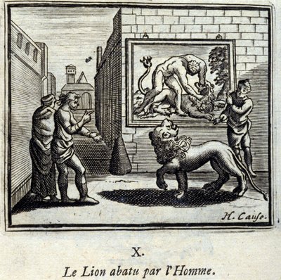The Lion shot down by Man. Fables by Jean de La Fontaine (1621-95). Illustration by François Chauveau (1613-1676). Edition of 1728 by Francois Chauveau