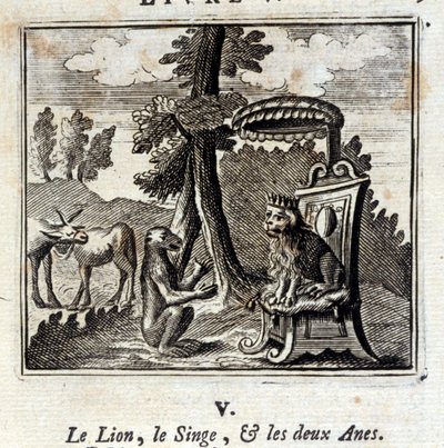 The Lion, the Monkey and the Two Donkeys. Fables by Jean de La Fontaine (1621-95). Illustration by François Chauveau (1613-1676). Edition of 1728 by Francois Chauveau