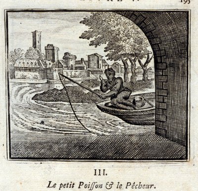 The Little Fish and the Fisherman. Fables by Jean de La Fontaine (1621-95). Illustration by François Chauveau (1613-1676). Edition of 1728 by Francois Chauveau