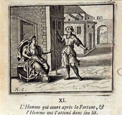 The Man Who Runs After Fortune and the Man Who Waits for Him in Bed. Fables by Jean de La Fontaine. Illustration by François Chauveau, Edition of 1728 by Francois Chauveau