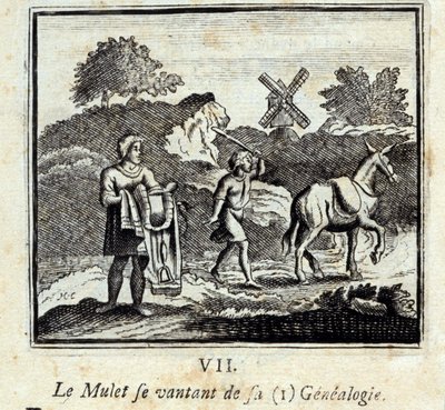 The Mullet bragging about his genealogy. Fables by Jean de La Fontaine (1621-95). Illustration by François Chauveau (1613-1676). Edition of 1728 by Francois Chauveau