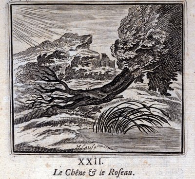 The Oak and the Reed. Fables by Jean de La Fontaine. Illustration by François Chauveau. Edition of 1728 by Francois Chauveau