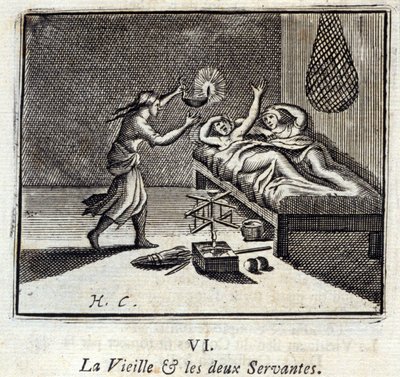 The Old Lady and the Two Servants. Fables by Jean de La Fontaine. Illustration by François Chauveau. Edition of 1728 by Francois Chauveau
