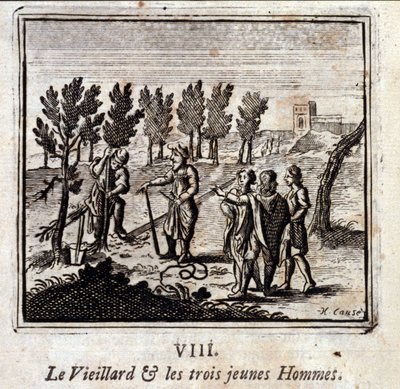 The Old Man and the Three Young Men. Fables by Jean de La Fontaine. Illustration by François Chauveau, Edition of 1728 by Francois Chauveau