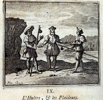 The Oyster and the Litigants. Fables by Jean de La Fontaine. Illustration by François Chauveau. Edition of 1728 by Francois Chauveau