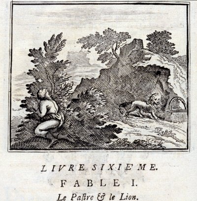 The Lion and the Gnat. Fables by Jean de La Fontaine. Illustration by François Chauveau. Edition of 1728 by Francois Chauveau