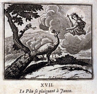 The Peacock Complaining to Juno. Fables by Jean de La Fontaine. Illustration by François Chauveau. Edition of 1728 by Francois Chauveau