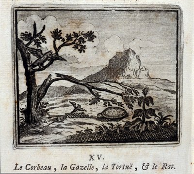 The Raven, the Gazelle, the Turtle and the Rat. Fables by Jean de La Fontaine (1621-95). Illustration by François Chauveau (1613-1676). Edition of 1728 by Francois Chauveau