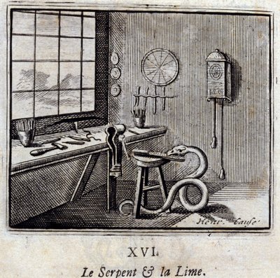 The Snake and the Lime. Fables by Jean de La Fontaine (1621-95). Illustration by François Chauveau (1613-1676). Edition of 1728 by Francois Chauveau