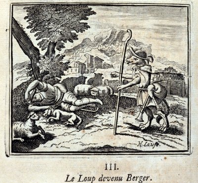 The Wolf Became a Shepherd. Fables by Jean de La Fontaine. Illustration by François Chauveau. Edition of 1728 by Francois Chauveau
