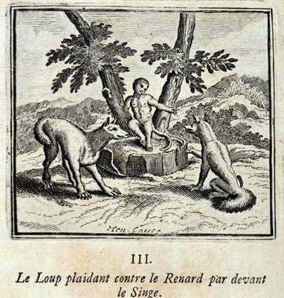 The Wolf pleading against the Fox in front of the Monkey. Fables by Jean de La Fontaine (1621-95). Illustration by François Chauveau (1613-1676). Edition of 1728 by Francois Chauveau