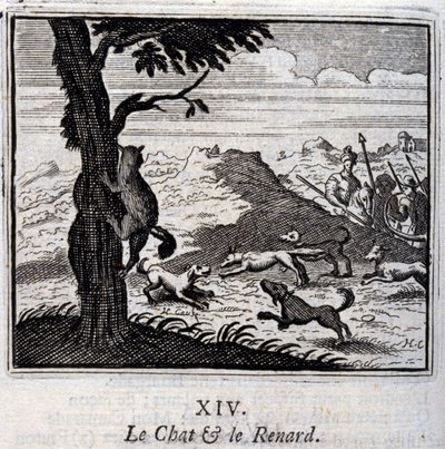 The Cat and the Fox. Fables by Jean de La Fontaine. Illustration by François Chauveau. Edition of 1728 by Francois Chauveau