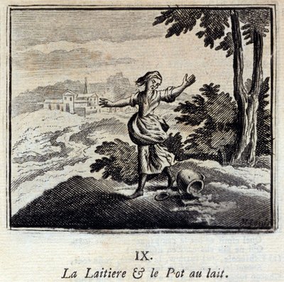 The Dairy and the Milk Jar. Fables by Jean de La Fontaine. Illustration by François Chauveau. Edition of 1728. by Francois Chauveau