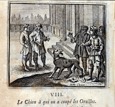 The Dog with His Ears Cut Off. Fables by Jean de La Fontaine. Illustration by François Chauveau. Edition of 1728 by Francois Chauveau