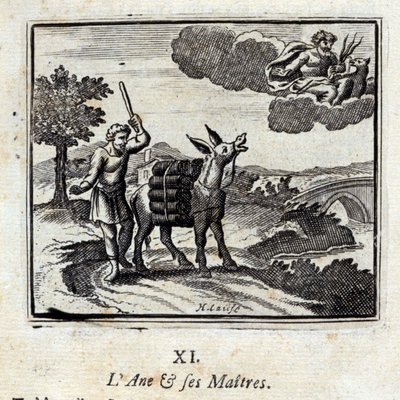 The Donkey and His Masters. Fables by Jean de La Fontaine. Illustration by François Chauveau, Edition of 1728 by Francois Chauveau