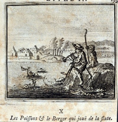 The Fish and the Shepherd Playing the Flute. Fables by Jean de La Fontaine. Illustration by François Chauveau. Edition of 1728 by Francois Chauveau