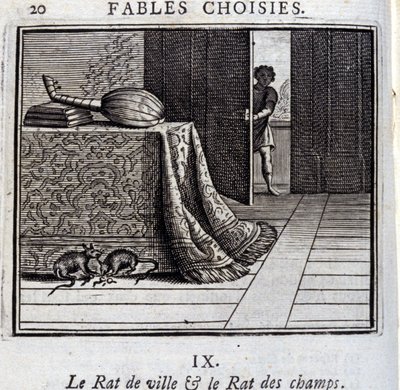 The Town Rat and the Field Rat. Fables by Jean de La Fontaine. Illustration by François Chauveau. Edition of 1728. by Francois Chauveau