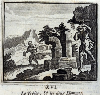 The Treasure and the Two Men. Fables by Jean de La Fontaine (1621-95). Illustration by François Chauveau (1613-1676). Edition of 1728 by Francois Chauveau