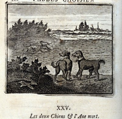 The two Dogs and the Dead Donkey. Fables by Jean de La Fontaine (1621-95). Illustration by François Chauveau (1613-1676). Edition of 1728 by Francois Chauveau