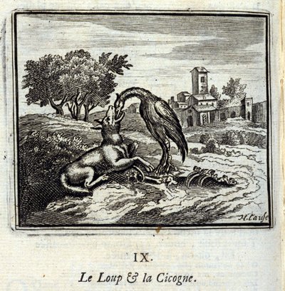 The Wolf and the Stork. Fables by Jean de La Fontaine. Illustration by François Chauveau, Edition of 1728 by Francois Chauveau