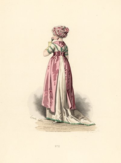 Woman in White Dress and Corsage with Green Trim, Pink Apron by Francois Claudius (after) Compte Calix