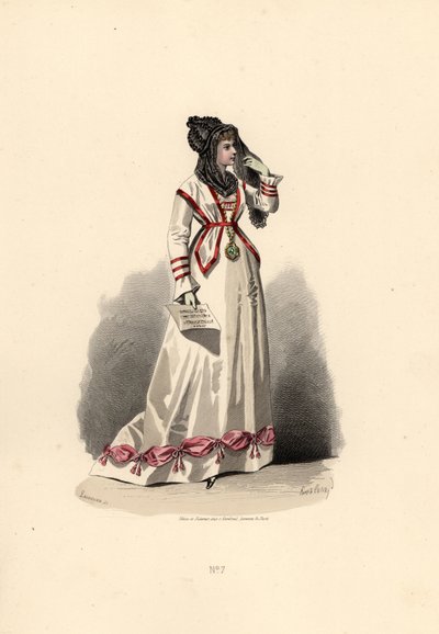 Woman in white dress ornamented with pink bouffants by Francois Claudius (after) Compte Calix