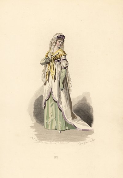Woman in white tunic dress trimmed with lilac velvet by Francois Claudius (after) Compte Calix