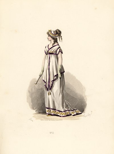 Woman in white tunic dress trimmed with lilac velvet by Francois Claudius (after) Compte Calix