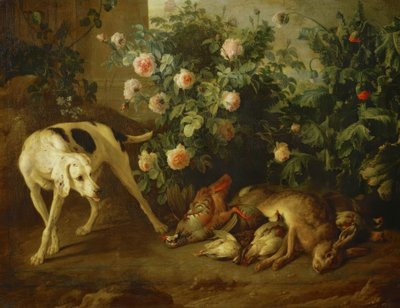 Dog Guarding Game by a Rose Bush by Francois Desportes