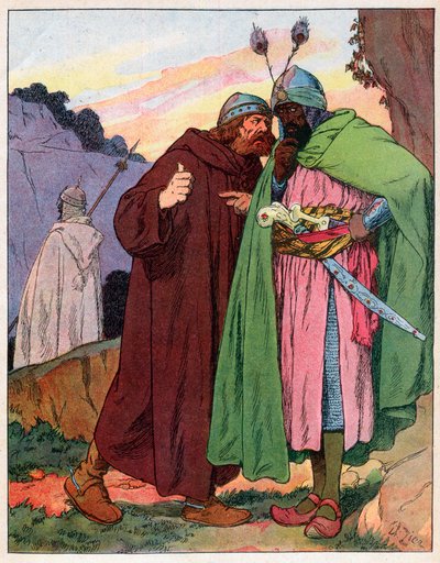 Ganelon reports the words of Emperor Charlemagne (742-814) to the enemy (Song de Roland) (Matter of France) - Illustration by Francois Zier (1856-1924) taken from Nos-Gloriers-Nationales around 1920 by Francois Edouard Zier