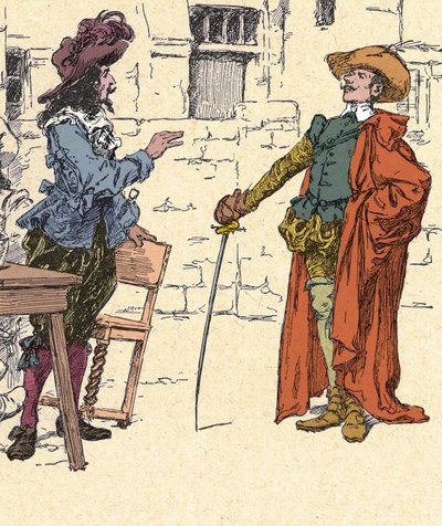 Meeting of Cyrano, young, arriving in Paris, with D