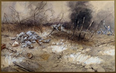 First World War: scene of the Battle of La Craonne on 5/04/1917. Body of infantrymen lying among the beards. Paris, Musee de l