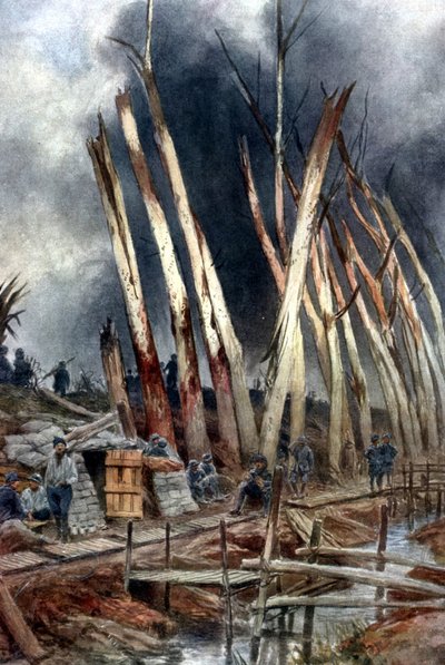 The Offensive at Yser (1917). French Line Near Het-Sas Just Before 31 July. Soldiers Waiting for Orders Amongst Trees Shattered by Gunfire of Previous Engagements. After Painting by Francois Flameng by Francois Flameng